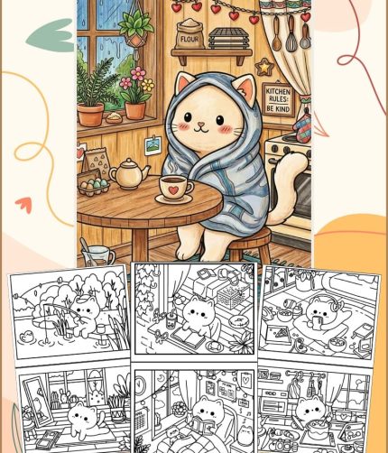 30 Cat Kawaii Cozy Coloring Pages for Kids - Printable PDF